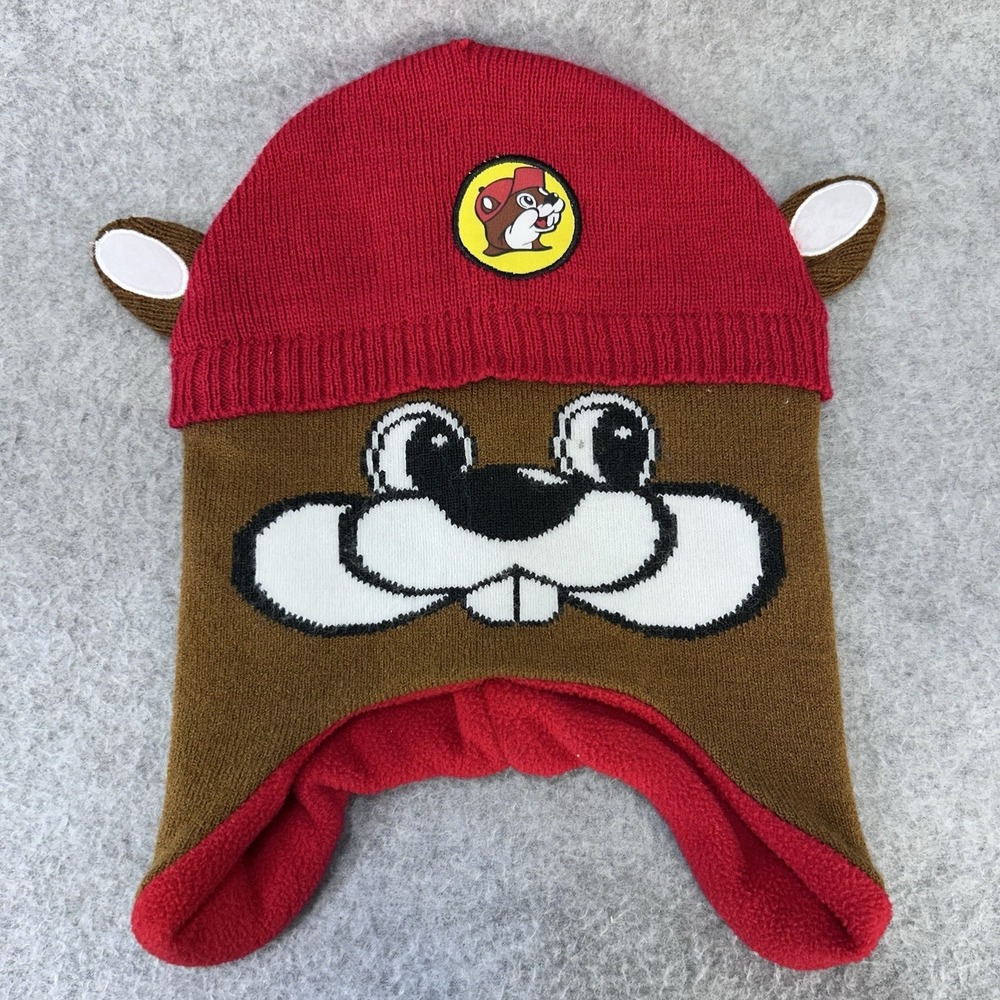 Buc-ee's Beaver Kids Beanie Hat Red Brown Knit Ear Flap Cartoon Logo